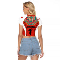 Bahrain Mandala Pattern Raglan Cropped T Shirt with National Map and Arabic Geometric Design