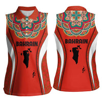Bahrain Mandala Pattern Women Sleeveless Polo Shirt with National Map and Arabic Geometric Design