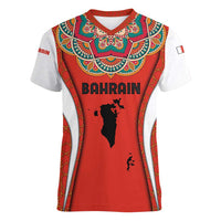 Bahrain Mandala Pattern Women V-Neck T-Shirt with National Map and Arabic Geometric Design