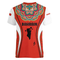 Bahrain Mandala Pattern Women V-Neck T-Shirt with National Map and Arabic Geometric Design