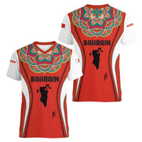 Bahrain Mandala Pattern Women V-Neck T-Shirt with National Map and Arabic Geometric Design