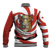 Bahrain Tribal Camel Baseball Jacket with Red Mosaic Swirl and Heritage Slogan