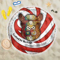 Bahrain Tribal Camel Beach Blanket with Red Mosaic Swirl and Heritage Slogan