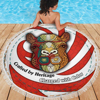Bahrain Tribal Camel Beach Blanket with Red Mosaic Swirl and Heritage Slogan