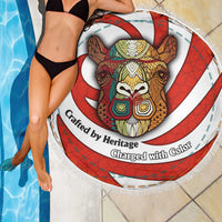 Bahrain Tribal Camel Beach Blanket with Red Mosaic Swirl and Heritage Slogan