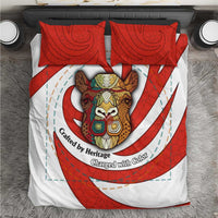 Bahrain Tribal Camel Bedding Set with Red Mosaic Swirl and Heritage Slogan