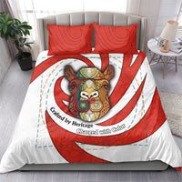 Bahrain Tribal Camel Bedding Set with Red Mosaic Swirl and Heritage Slogan