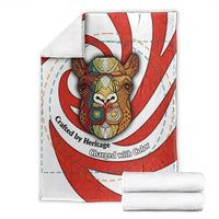 Bahrain Tribal Camel Blanket with Red Mosaic Swirl and Heritage Slogan