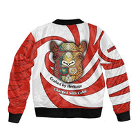 Bahrain Tribal Camel Bomber Jacket with Red Mosaic Swirl and Heritage Slogan