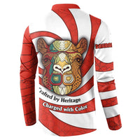 Bahrain Tribal Camel Button Sweatshirt with Red Mosaic Swirl and Heritage Slogan