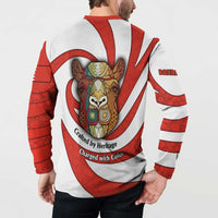 Bahrain Tribal Camel Button Sweatshirt with Red Mosaic Swirl and Heritage Slogan