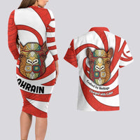 Bahrain Tribal Camel Couples Matching Long Sleeve Bodycon Dress and Hawaiian Shirt with Red Mosaic Swirl and Heritage Slogan
