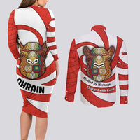 Bahrain Tribal Camel Couples Matching Long Sleeve Bodycon Dress and Long Sleeve Button Shirt with Red Mosaic Swirl and Heritage Slogan