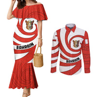 Bahrain Tribal Camel Couples Matching Mermaid Dress and Long Sleeve Button Shirt with Red Mosaic Swirl and Heritage Slogan