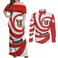 Bahrain Tribal Camel Couples Matching Off Shoulder Maxi Dress and Long Sleeve Button Shirt with Red Mosaic Swirl and Heritage Slogan