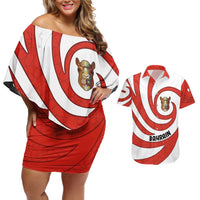 Bahrain Tribal Camel Couples Matching Off Shoulder Short Dress and Hawaiian Shirt with Red Mosaic Swirl and Heritage Slogan