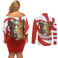 Bahrain Tribal Camel Couples Matching Off Shoulder Short Dress and Long Sleeve Button Shirt with Red Mosaic Swirl and Heritage Slogan
