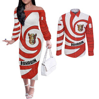 Bahrain Tribal Camel Couples Matching Off The Shoulder Long Sleeve Dress and Long Sleeve Button Shirt with Red Mosaic Swirl and Heritage Slogan