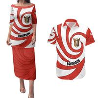 Bahrain Tribal Camel Couples Matching Puletasi and Hawaiian Shirt with Red Mosaic Swirl and Heritage Slogan