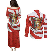 Bahrain Tribal Camel Couples Matching Puletasi and Long Sleeve Button Shirt with Red Mosaic Swirl and Heritage Slogan
