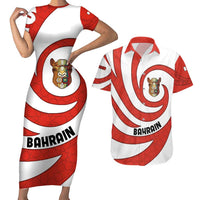 Bahrain Tribal Camel Couples Matching Short Sleeve Bodycon Dress and Hawaiian Shirt with Red Mosaic Swirl and Heritage Slogan