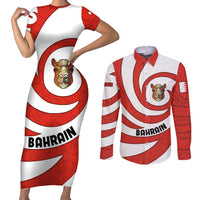 Bahrain Tribal Camel Couples Matching Short Sleeve Bodycon Dress and Long Sleeve Button Shirt with Red Mosaic Swirl and Heritage Slogan