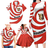 Bahrain Tribal Camel Family Matching Long Sleeve Bodycon Dress and Hawaiian Shirt with Red Mosaic Swirl and Heritage Slogan