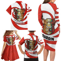 Bahrain Tribal Camel Family Matching Long Sleeve Bodycon Dress and Hawaiian Shirt with Red Mosaic Swirl and Heritage Slogan