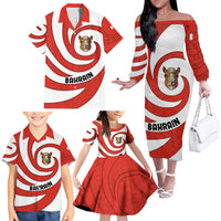 Bahrain Tribal Camel Family Matching Off The Shoulder Long Sleeve Dress and Hawaiian Shirt with Red Mosaic Swirl and Heritage Slogan