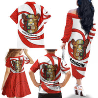 Bahrain Tribal Camel Family Matching Off The Shoulder Long Sleeve Dress and Hawaiian Shirt with Red Mosaic Swirl and Heritage Slogan
