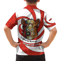 Bahrain Tribal Camel Family Matching Off Shoulder Maxi Dress and Hawaiian Shirt with Red Mosaic Swirl and Heritage Slogan