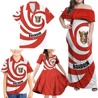 Bahrain Tribal Camel Family Matching Off Shoulder Maxi Dress and Hawaiian Shirt with Red Mosaic Swirl and Heritage Slogan