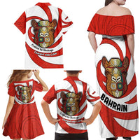 Bahrain Tribal Camel Family Matching Off Shoulder Maxi Dress and Hawaiian Shirt with Red Mosaic Swirl and Heritage Slogan