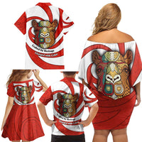 Bahrain Tribal Camel Family Matching Off Shoulder Short Dress and Hawaiian Shirt with Red Mosaic Swirl and Heritage Slogan
