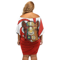 Bahrain Tribal Camel Family Matching Off Shoulder Short Dress and Hawaiian Shirt with Red Mosaic Swirl and Heritage Slogan