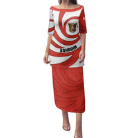 Bahrain Tribal Camel Family Matching Puletasi and Hawaiian Shirt with Red Mosaic Swirl and Heritage Slogan