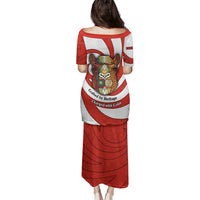 Bahrain Tribal Camel Family Matching Puletasi and Hawaiian Shirt with Red Mosaic Swirl and Heritage Slogan