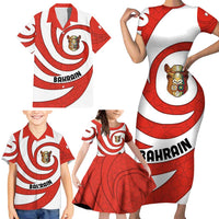 Bahrain Tribal Camel Family Matching Short Sleeve Bodycon Dress and Hawaiian Shirt with Red Mosaic Swirl and Heritage Slogan