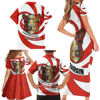 Bahrain Tribal Camel Family Matching Short Sleeve Bodycon Dress and Hawaiian Shirt with Red Mosaic Swirl and Heritage Slogan