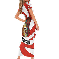 Bahrain Tribal Camel Family Matching Short Sleeve Bodycon Dress and Hawaiian Shirt with Red Mosaic Swirl and Heritage Slogan
