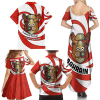 Bahrain Tribal Camel Family Matching Summer Maxi Dress and Hawaiian Shirt with Red Mosaic Swirl and Heritage Slogan