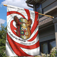 Bahrain Tribal Camel Garden Flag with Red Mosaic Swirl and Heritage Slogan