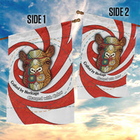 Bahrain Tribal Camel Garden Flag with Red Mosaic Swirl and Heritage Slogan