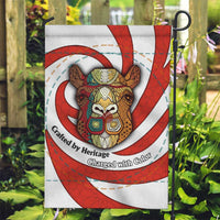 Bahrain Tribal Camel Garden Flag with Red Mosaic Swirl and Heritage Slogan