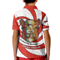 Bahrain Tribal Camel Kid Polo Shirt with Red Mosaic Swirl and Heritage Slogan