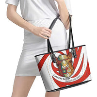 Bahrain Tribal Camel Leather Tote Bag with Red Mosaic Swirl and Heritage Slogan