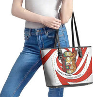 Bahrain Tribal Camel Leather Tote Bag with Red Mosaic Swirl and Heritage Slogan