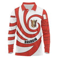 Bahrain Tribal Camel Long Sleeve Polo Shirt with Red Mosaic Swirl and Heritage Slogan