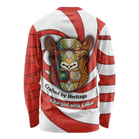 Bahrain Tribal Camel Long Sleeve Shirt with Red Mosaic Swirl and Heritage Slogan