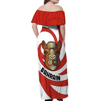 Bahrain Tribal Camel Off Shoulder Maxi Dress with Red Mosaic Swirl and Heritage Slogan